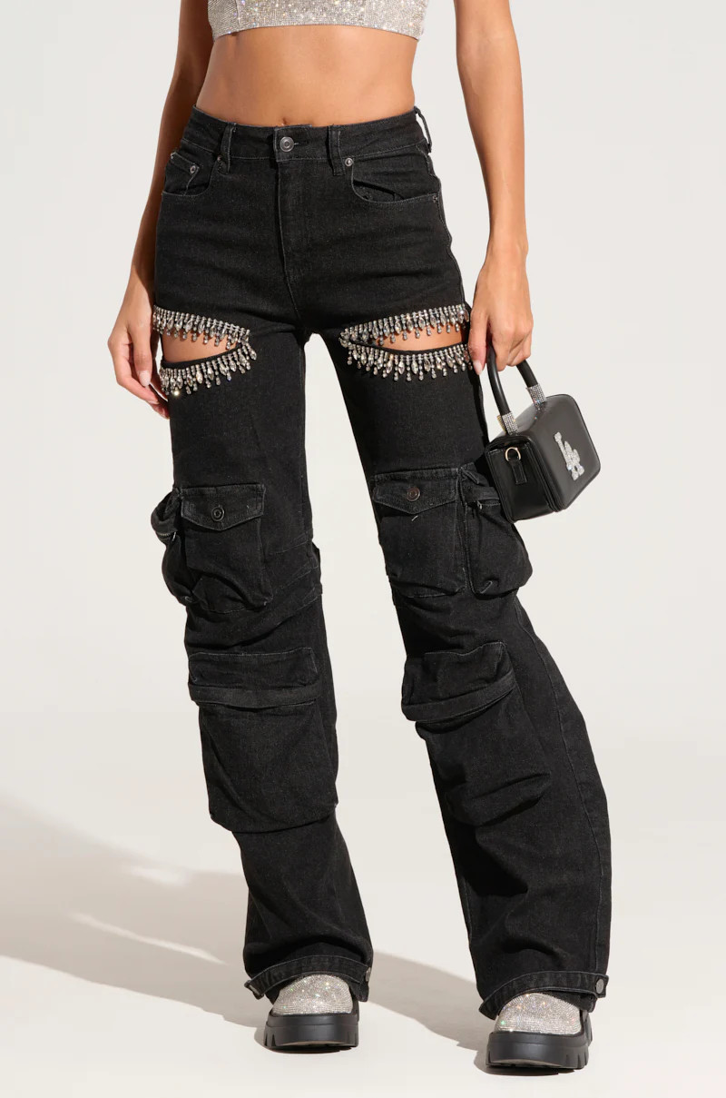 CALLING THE SHOTS CARGO DENIM WITH RHINESTONES IN BLACK | AKIRA