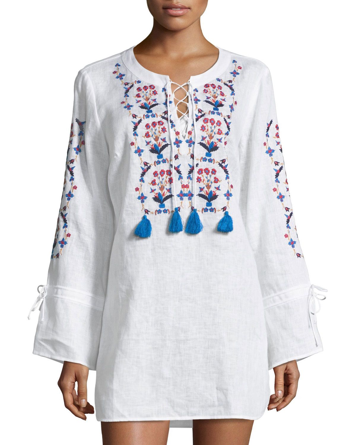 Wildflower Lace-Front Embroidered Beach Tunic | Bergdorf Goodman