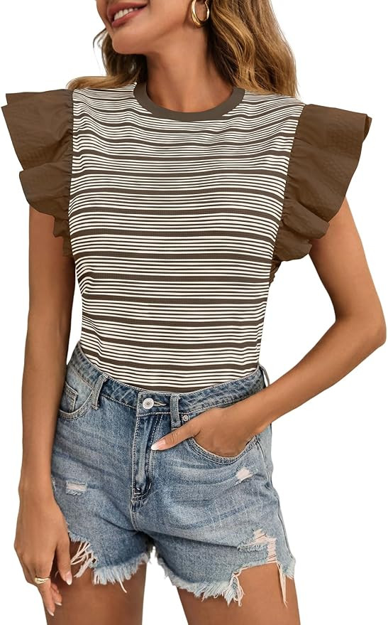 Tankaneo Womens Ruffle Striped Tank Tops Summer Crew Neck Sleeveless Shirts Loose Fit Dressy Casu... | Amazon (US)
