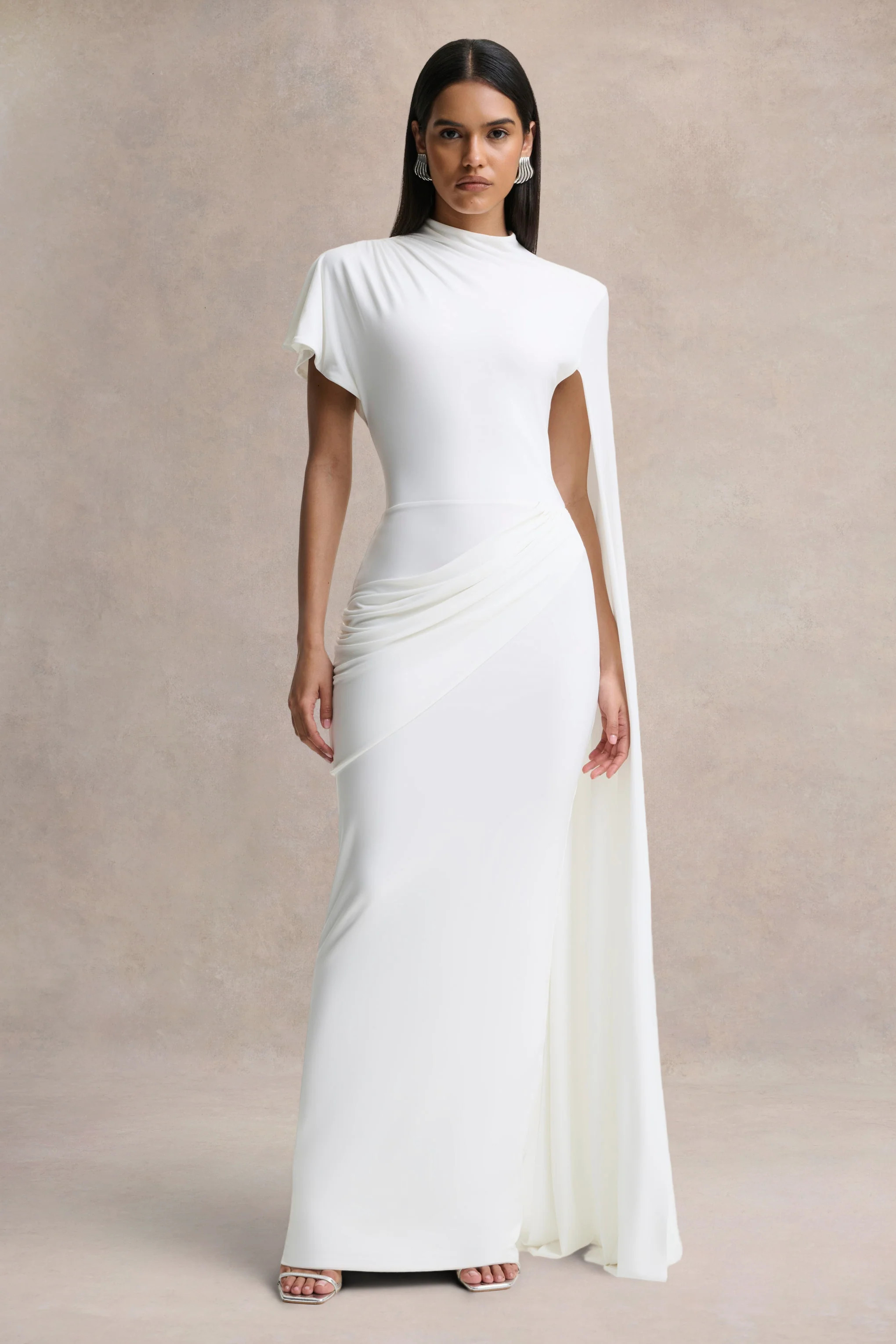 Tropic | White High-Neck Maxi With Long Cape Sleeve | Club L London