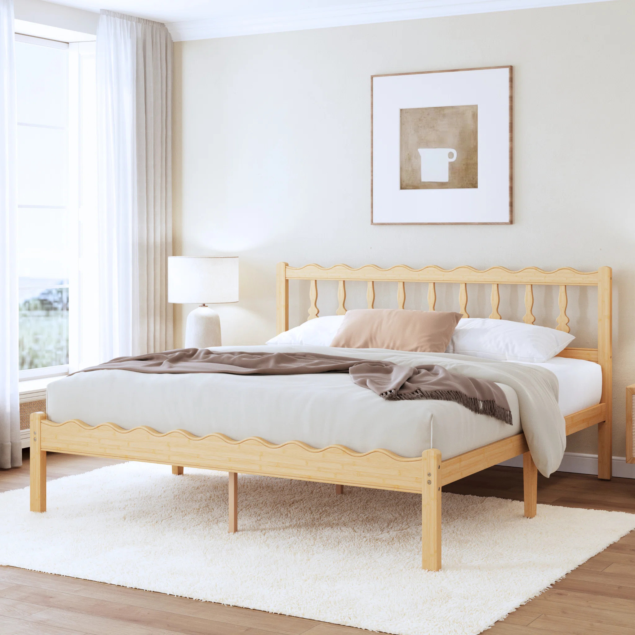 Solid Wood Bed Frame with Wavy Headboard, No Box Spring Needed, Bamboo&Metal | Wayfair North America
