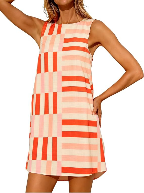 Womens Summer Boho A-Line Mini Dress Casual Color Block Sundress Sleeveless Beach Vacation Coveru... | Amazon (US)