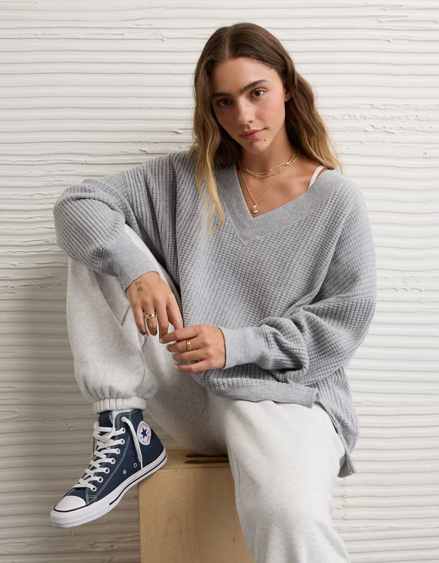 AE Big Hug V-Neck Waffle Sweatshirt | American Eagle Outfitters (US & CA)