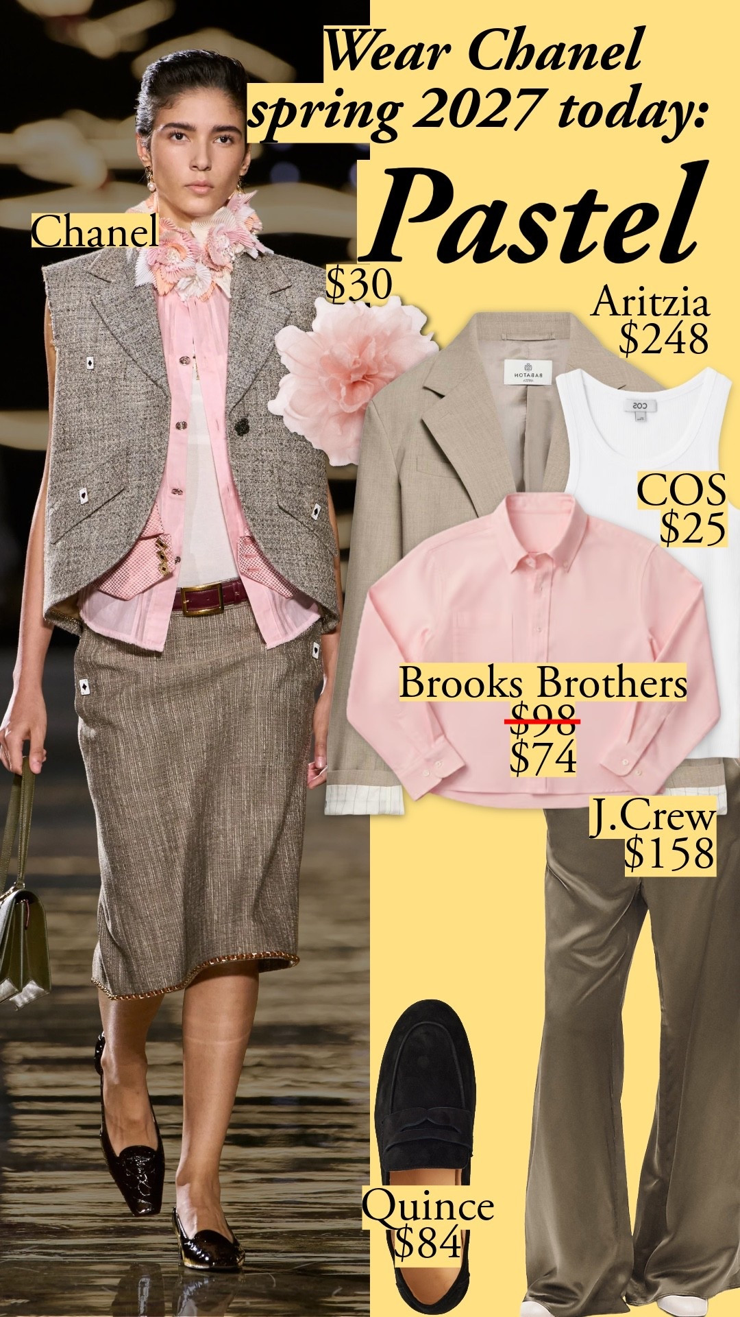 Chanel's upcoming spring collection showed a few styling ideas I'll wear now, for fall. Pastel adds a pop of romantic optimism to khakis, and the khakis ground the pastel so it looks sharp enough for any meeting. J.Crew Cosmo pants: I sized down to XS, and my jeans size is 26.