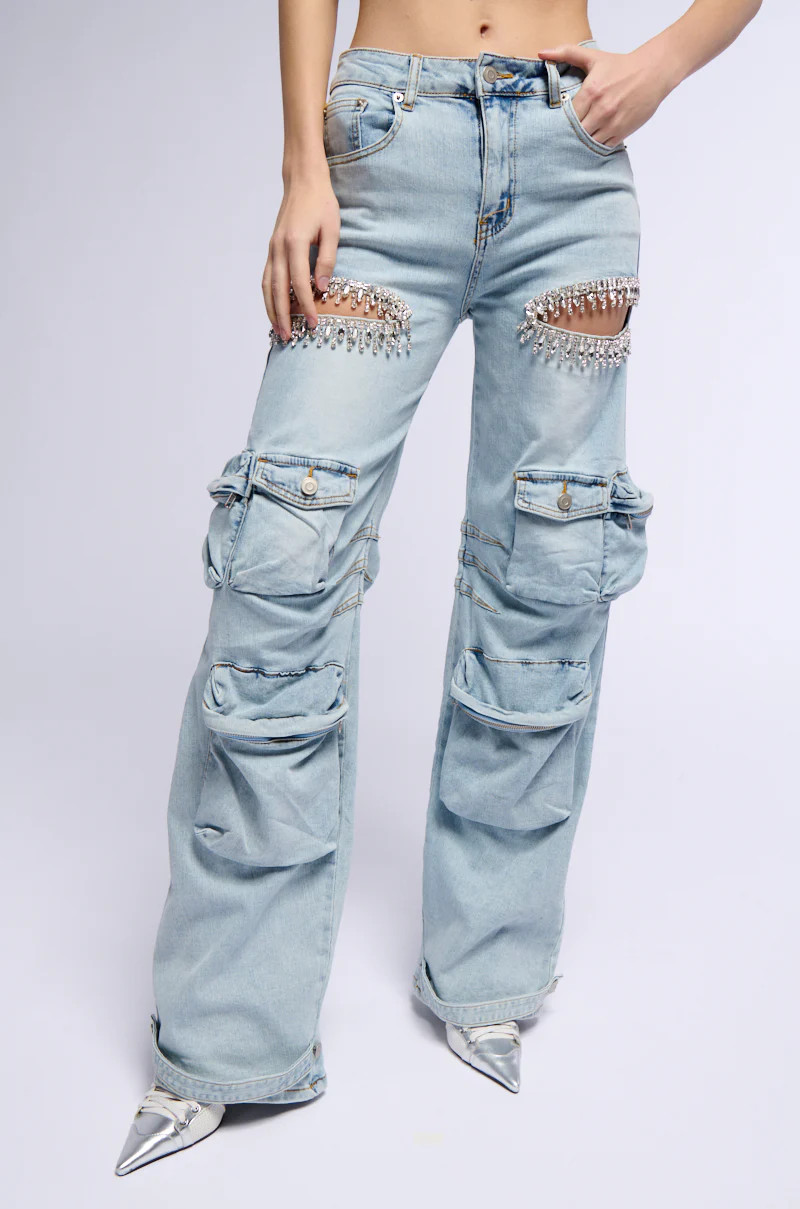 CALLING THE SHOTS CARGO DENIM WITH RHINESTONES | AKIRA