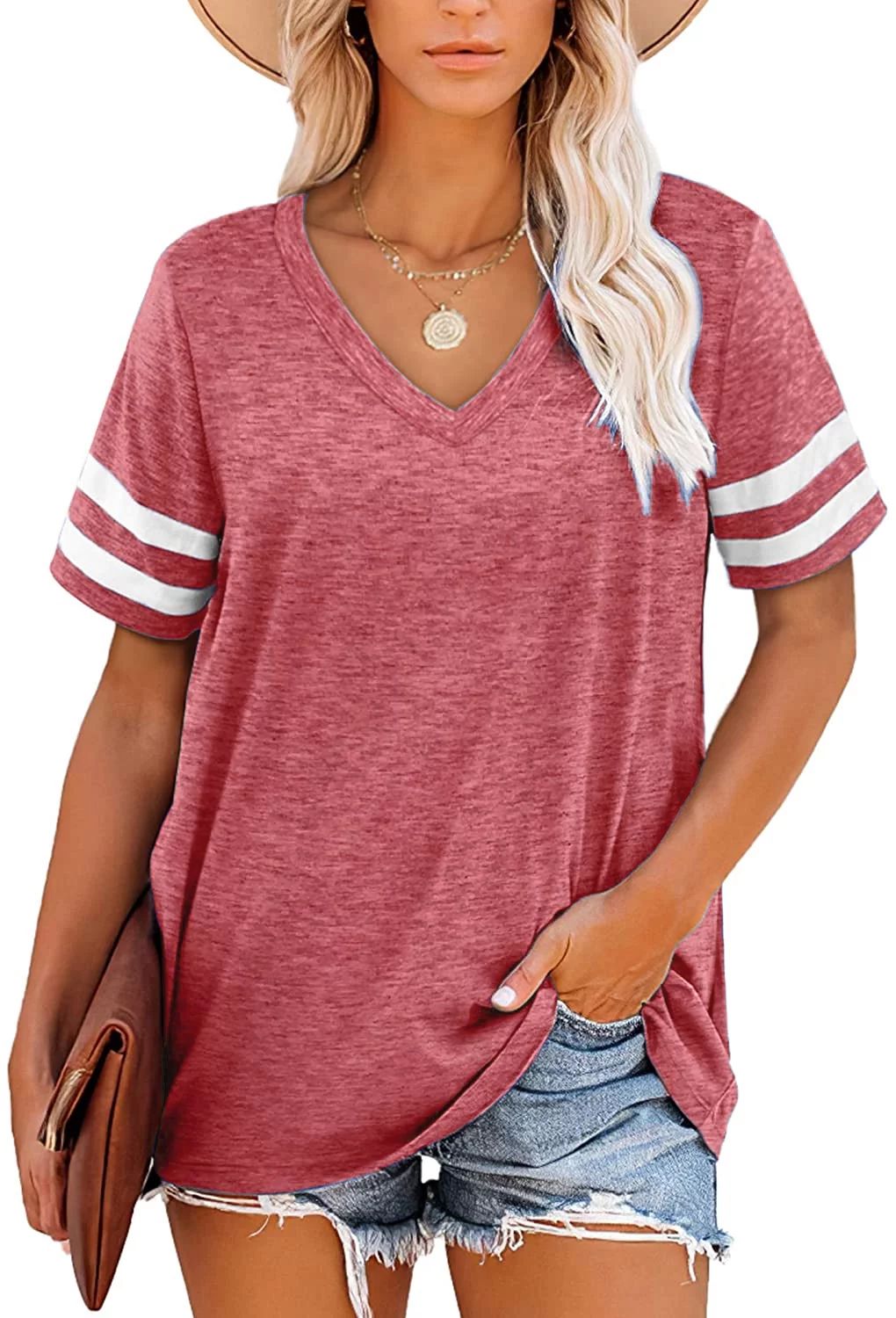 ONLYSHE Women Summer Casual Tops for Women Short Sleeve V Neck Casual Loose Fit T-shirt - Walmart... | Walmart (US)