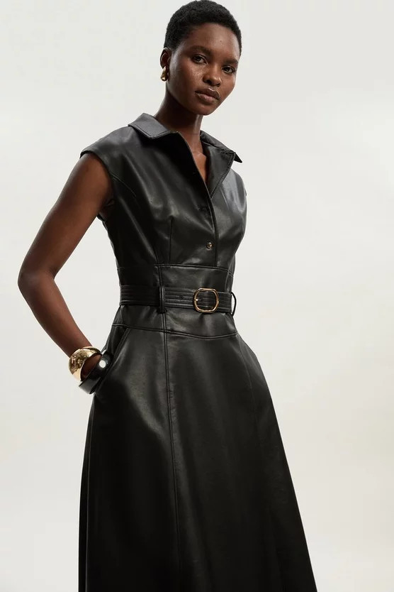 Faux Leather Belted Midi Dress | Karen Millen US