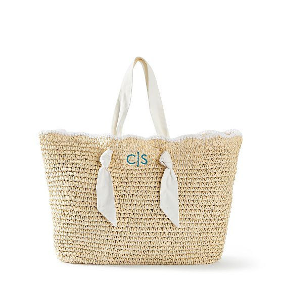 Ribbon Scalloped Raffia Tote, White | Mark and Graham