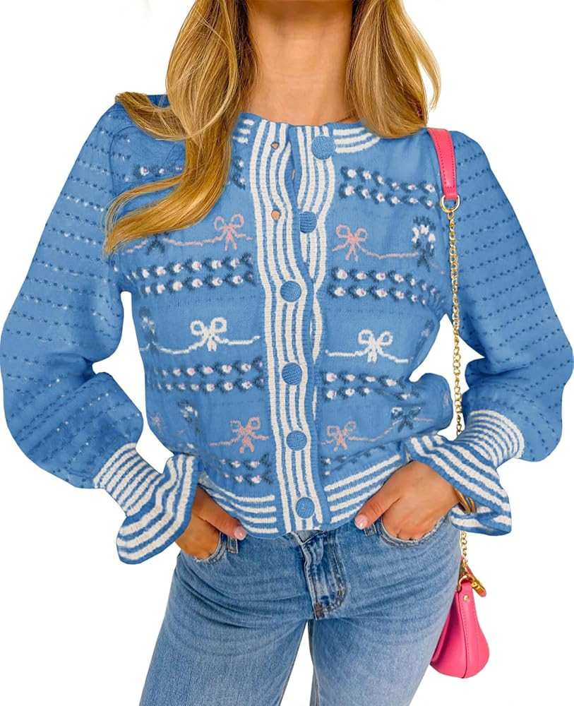 Saodimallsu Womens Cropped Cardigan Striped Puff Ruffle Sleeve Cute Graphic Button Bow Knitted Sw... | Amazon (US)