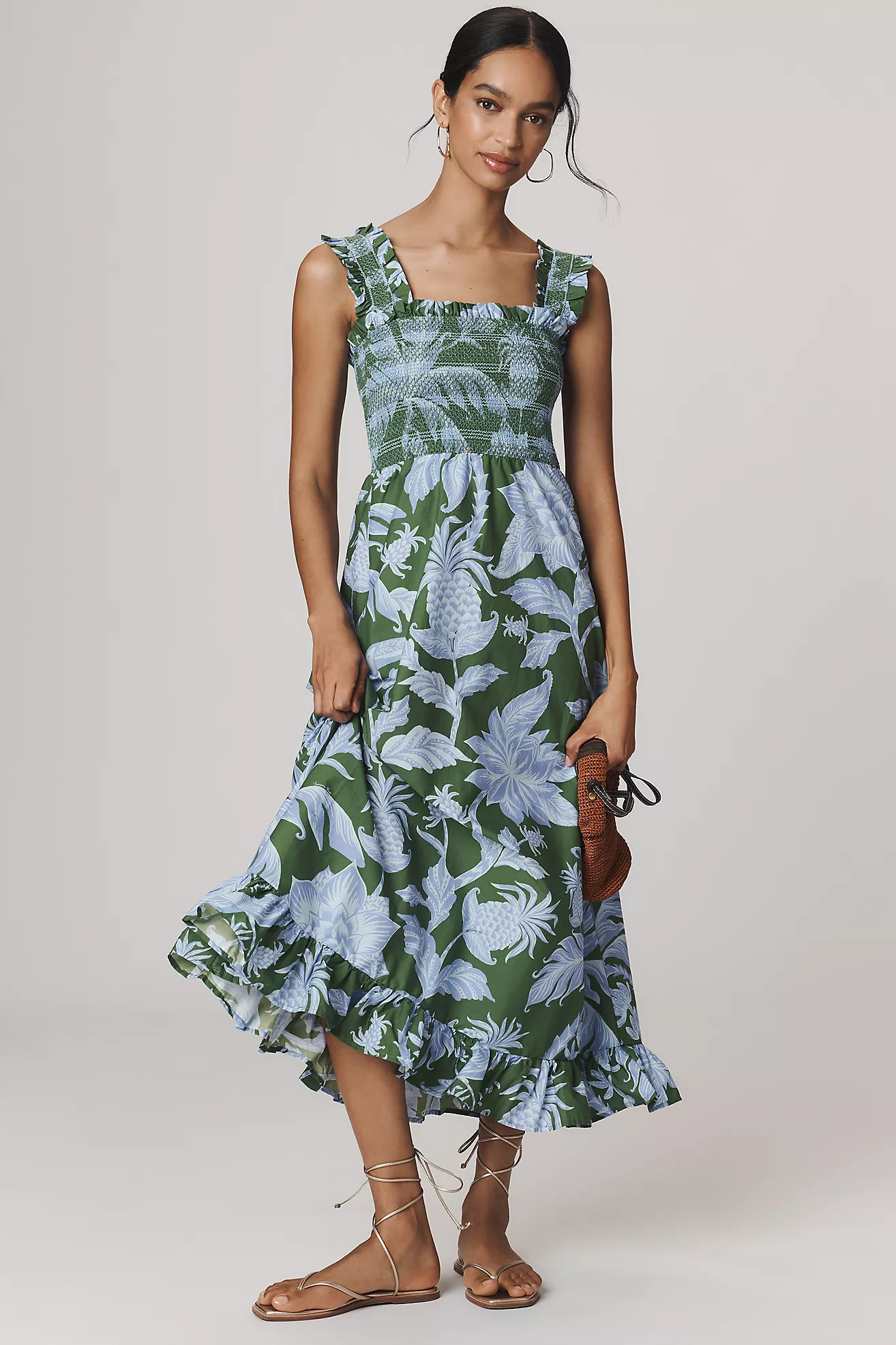 Farm Rio Tropical Swing Smocked Sleeveless Midi Dress | Anthropologie (US)