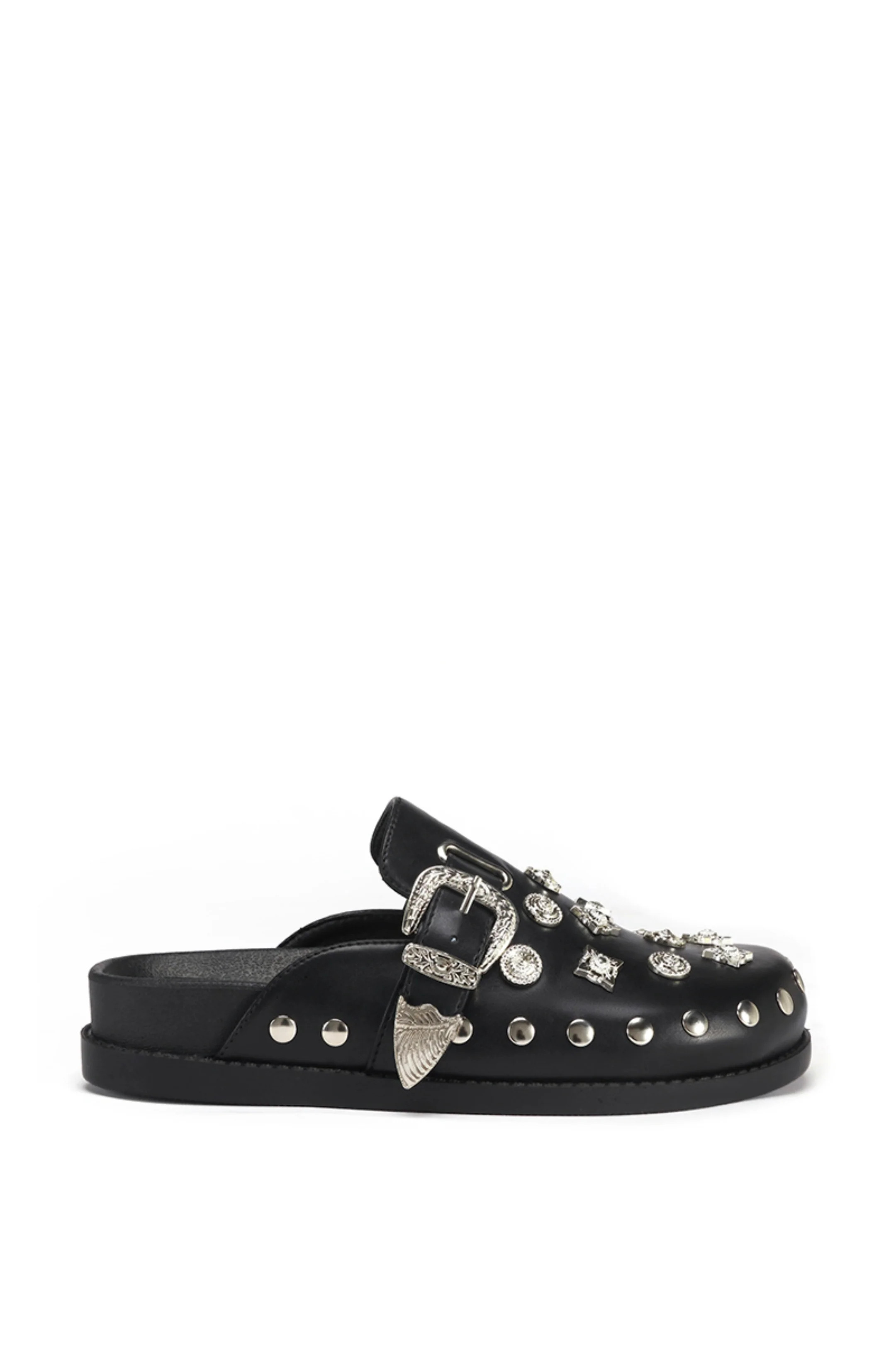 PRESSLEY-BLACK STUDDED FLAT MULE | Azalea Wang