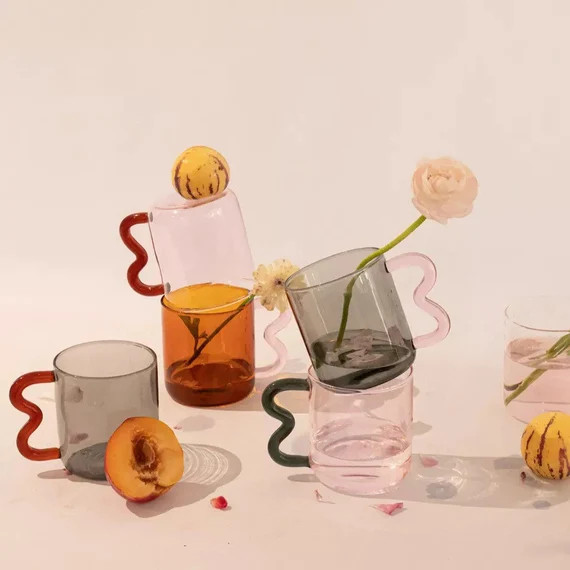 Scandi Style Mid-century Wiggle Handle Curve Glass Mugs. Cute | Etsy | Etsy (US)