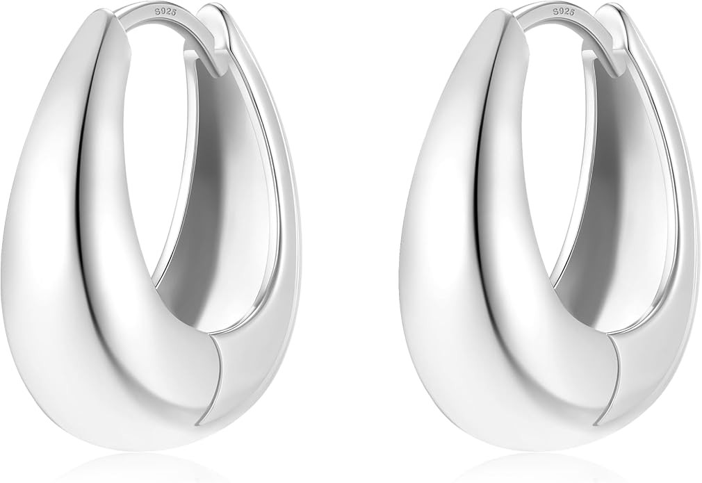 Small Chunky Gold Hoops Teardrop Huggie Earrings 925 Sterling Silver Post 14k Gold Plated Oval Th... | Amazon (US)