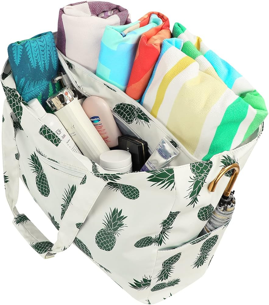 Large Beach Bag With Zipper Waterproof Sandproof 9 Pockets Beach Bags & Pool Bags for Women Travel B | Amazon (US)