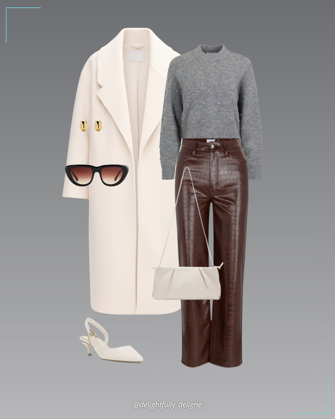 Styled with Pistola 🩶🤍 Pistola Aura Relaxed Crew Neck Sweater in Charcoal Diamonte and Cassie Super High Rise Straight Pant in Tobacco Croc, paired with an oversized Italian wool trench coat, slingback pointed-toe pumps, Rory crossbody purse, gold stud earrings & oversized angular sunglasses. 

 #LTKgrwm #LTKootd #LTKOver40