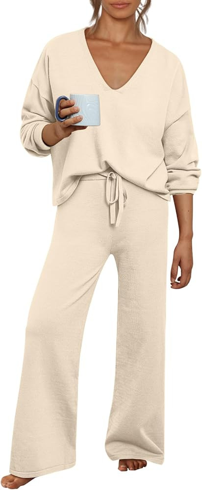 LILLUSORY Women's Two Piece Outfits Sweater set Knit Top Set And Loose Wide Leg Pants Lounge Swea... | Amazon (US)