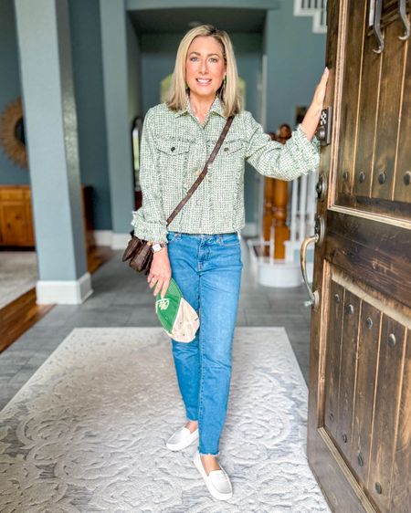 Feeling lucky? Who says green is just for St. Patrick’s Day? ☘️ Ok, I did wear this on the 17th and I love how the tweed jacket can be worn closed so it’s more of a top. I think it would look amazing with white jeans or trousers too!

#springoutfit #tweedjacket #jeans #fashionover40 #fashionover50 

#LTKover40 #LTKworkwear #LTKshoecrush