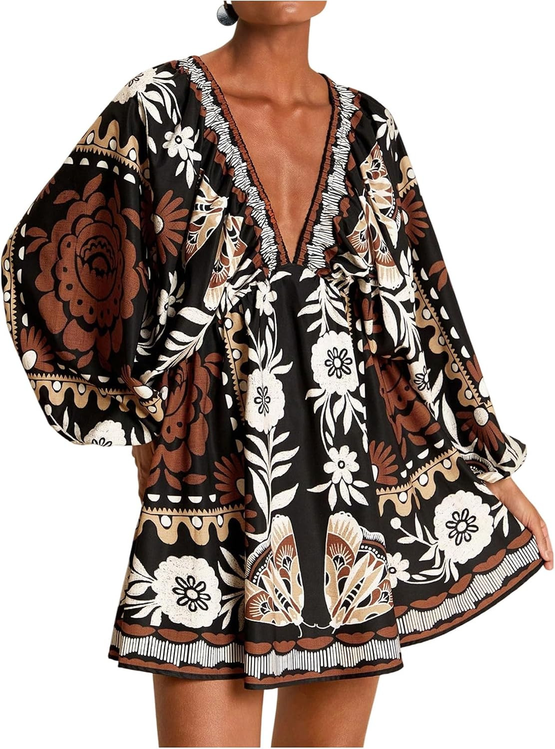 WDIRARA Women's Tropical Floral V Neck Short Dress Flowy Boho Dresses | Amazon (US)