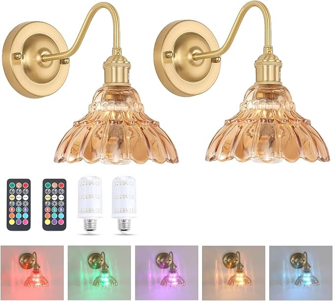 Shenmoyl Battery Operated Wall Sconce Set of 2, Vintage Rechargeable Wall Lights with Amber Lily ... | Amazon (US)