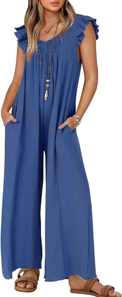 ZESICA Women's 2024 Summer Loose Jumpsuit Casual V Neck Sleeveless Oversized Wide Leg Pant Overal... | Amazon (US)