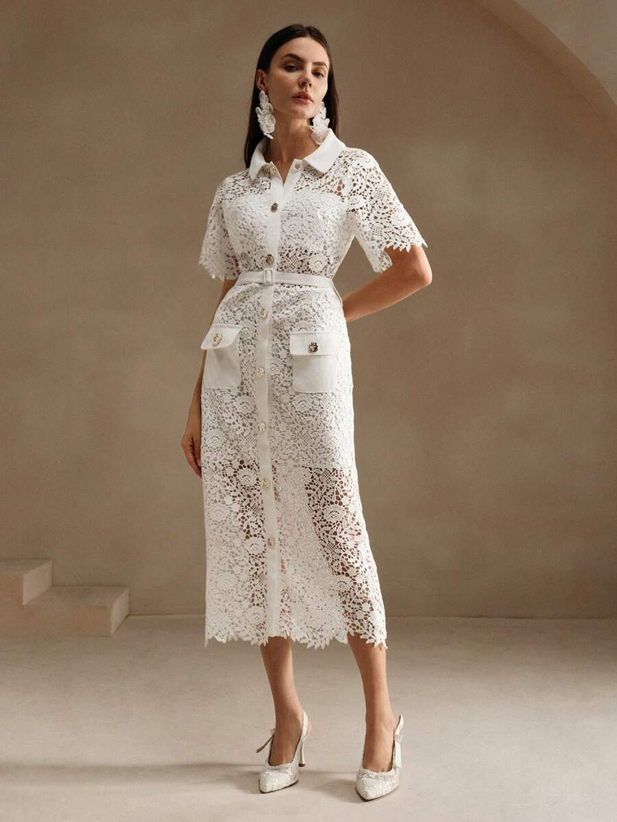 Anewsta Women's Textured White Lace Hollow-Out Classic Shirtdress For Holiday Party Clothes Maxi ... | SHEIN