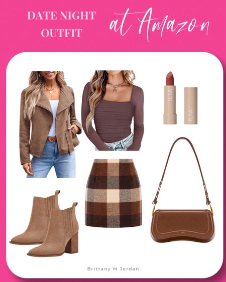 Date Night Outfit from Amazon.

Dressy. Suede motorcycle jacket. Bodysuit. Brown. Brown boots. Plaid skirt. Leather skirt. Small over shoulder purse. Ilia lipstick. 

#LTKfindsunder100 #LTKstyletip #LTKfindsunder50