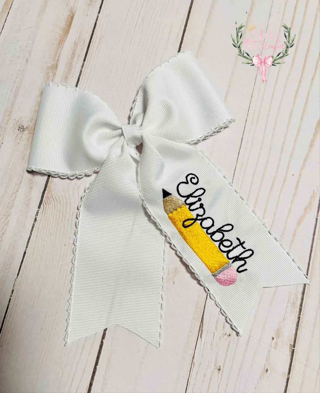 Custom embroidered personalized pencil name moonstitch ribbon hair bow, back to school | Etsy (US)