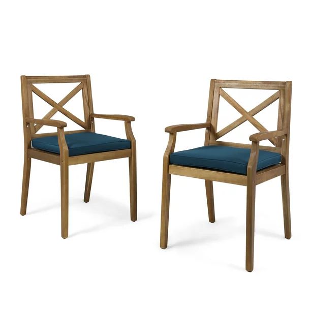 Danielle Outdoor Acacia Wood Dining Chair with Cushions, Set of 2, Teak, Blue - Walmart.com | Walmart (US)