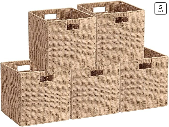 5Pcs Woven Shelf Baskets, 10.5'' Paper Rope Handmade Open Storage Bins, Light Brown Pantry Basket... | Amazon (US)