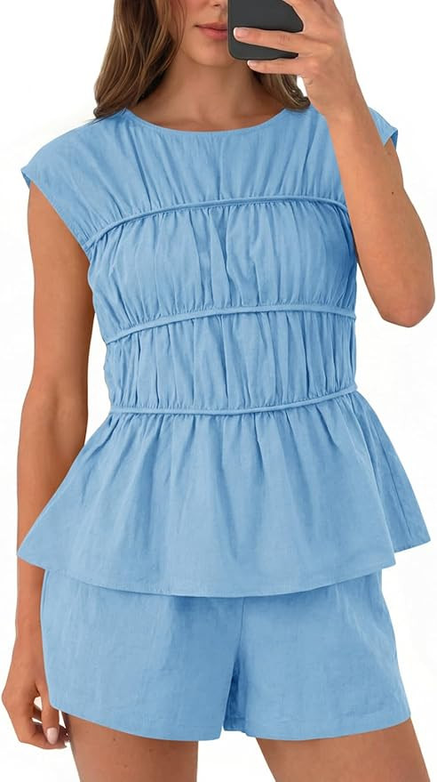 Tankaneo Womens Summer Smocked 2 Piece Short Sets Cap Sleeve Babydoll Peplum Blouse Casual Matchi... | Amazon (US)