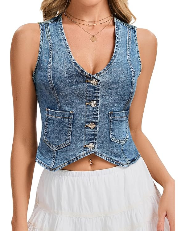 Genhoo Denim Vest Sleeveless Jean Vest Top for Women V Neck Button Down Cropped Denim Top with Po... | Amazon (US)