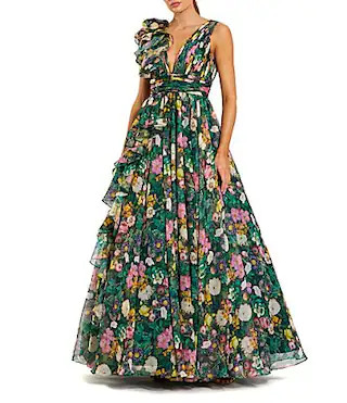 Mac Duggal Chiffon Floral Print V Neck Sleeveless Ruffle A-Line Gown - 12 | Dillard's