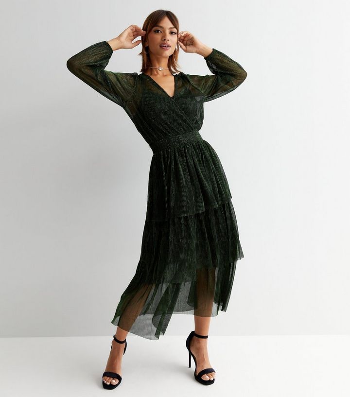 Dark Green V Neck Plisse Shimmer Tiered Long Sleeve Midi Dress
						
						Add to Saved Items
		... | New Look (UK)