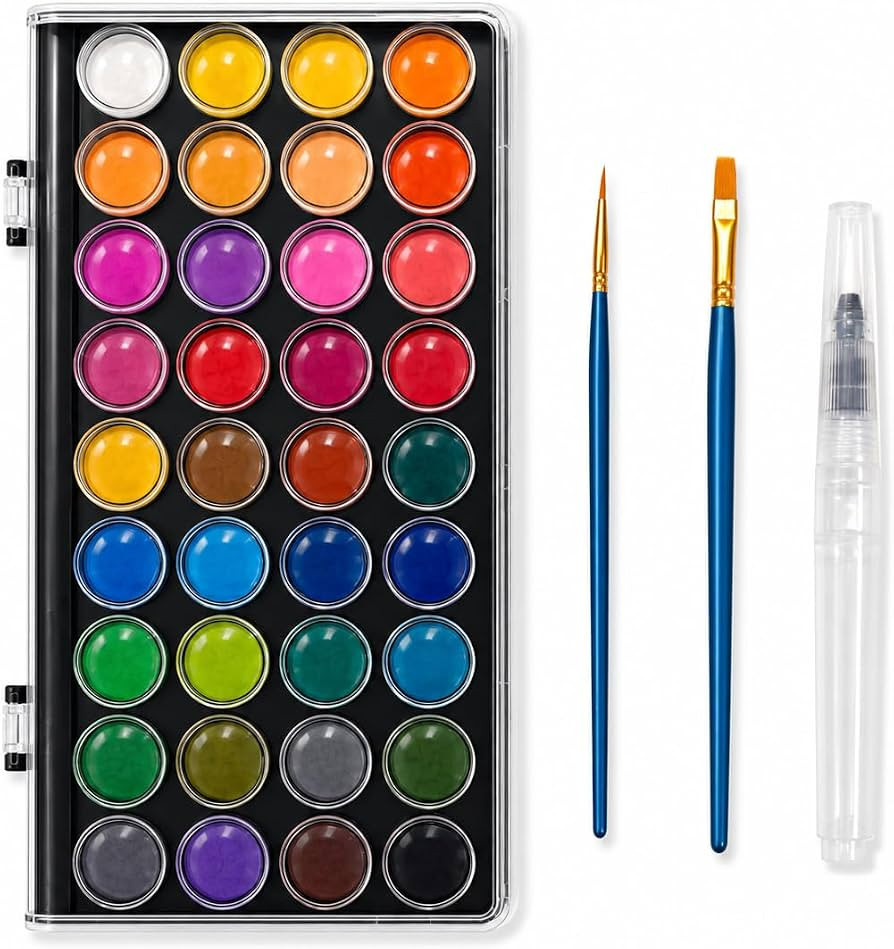 36 Colors Washable Watercolor Paint Set, with 3 Brushes Pen | Amazon (US)
