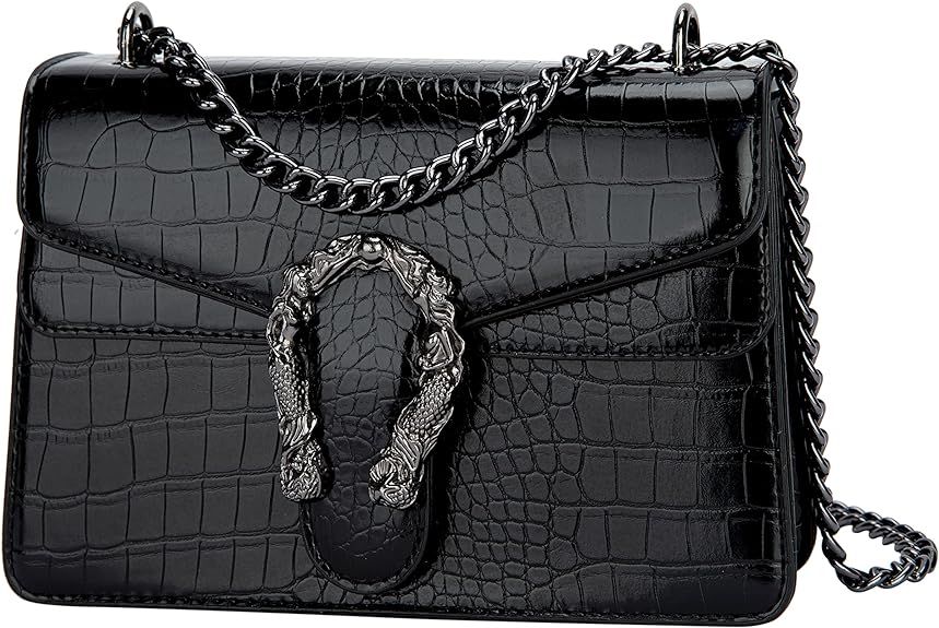Women's Shoulder Chain Bag Crossbody Purse - Crocodile Grain PU Leather Messenger Bag Evening Squ... | Amazon (US)
