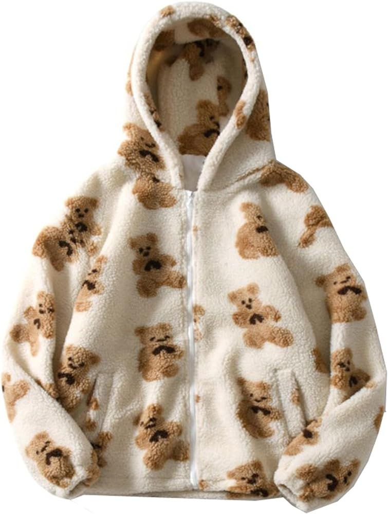 Oversized Sherpa Jacket for Women Fuzzy Fleece Cute Teddy Bear Print Coat Zip Up Long Sleeve Hood... | Amazon (US)