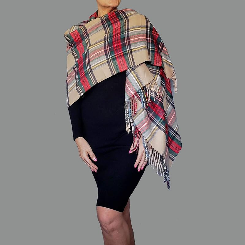 Plaid Shawl Camel Cashmere Feel Poncho Soft Blanket Scarf Christmas Wrap By ZiiCi | Amazon (US)