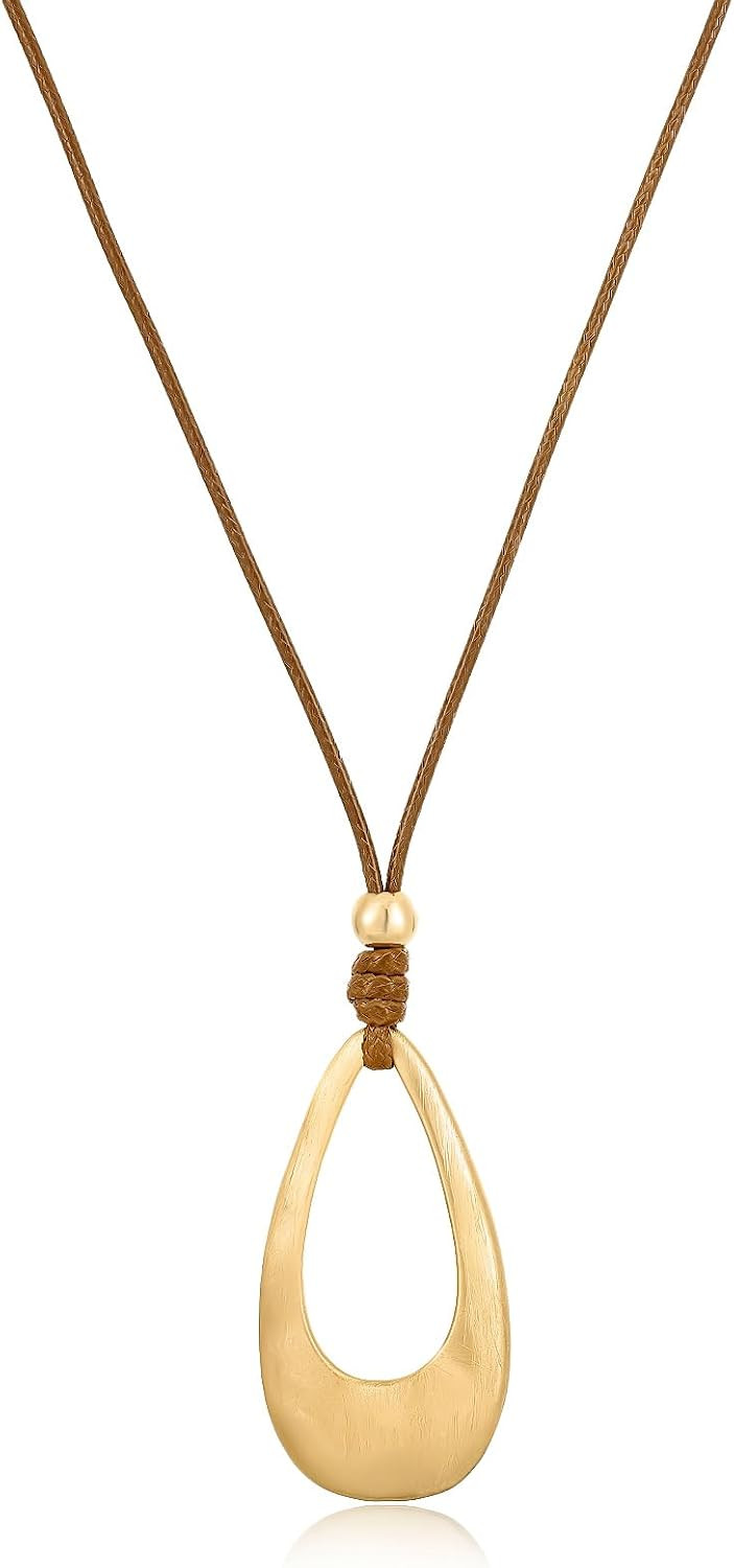 Brushed Gold Plated Classic Teardrop Pendant Long Necklace for Women, Adjustable Length Brown Wax Cord Sweater Chain Fashion Jewelry Gifts | Amazon (US)