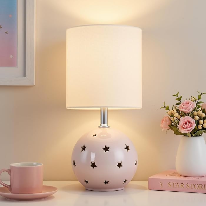 Small Table Lamp, 14" Pink Ceramic Bedside Lamps for Girls Bedroom, 3 Color Mode Bulb Included Ni... | Amazon (US)