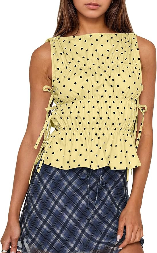 Women Polka Dot Sleeveless Peplum Tops Side Bow Tie Ruched Smocked Tank Tops Boat Neck Summer Goi... | Amazon (US)