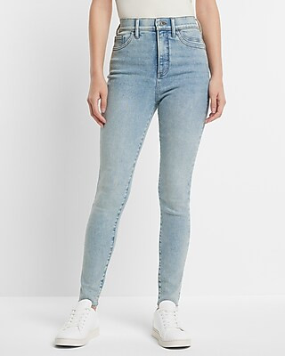 Super High Waisted Light Wash Raw Hem Skinny Jeans | Express