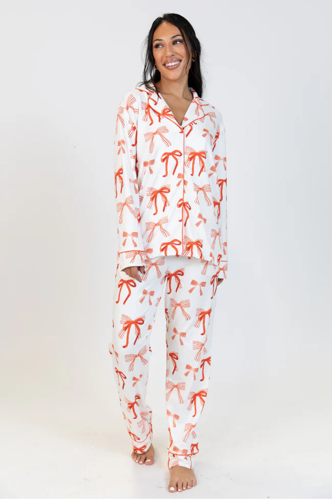 On A Cloud Red Bow Plush Knit Pajama Set | Pink Lily