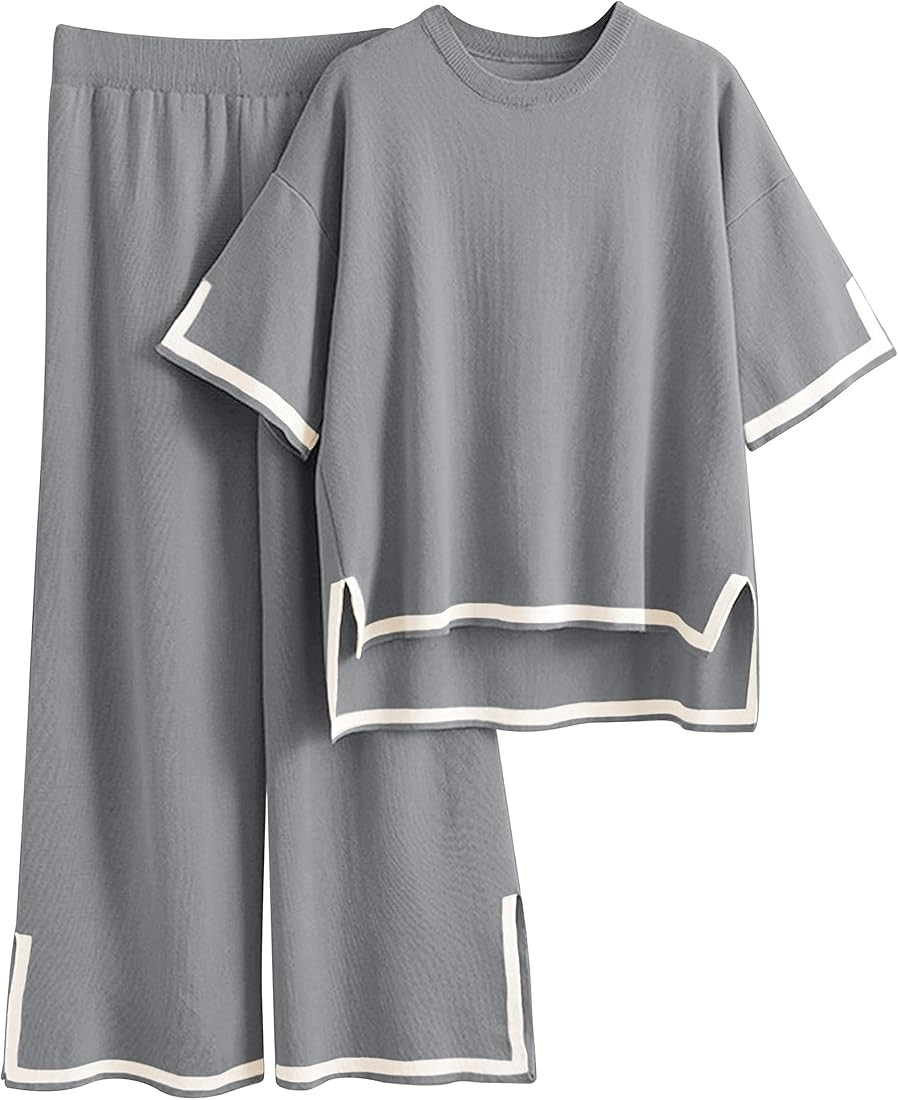Tanming Sweater Sets Women 2 Piece Lounge Sets Short Sleeve Knit Pullover Tops Wide Leg Pants | Amazon (US)