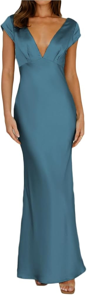 Halfisland Womens Summer Satin V Neck Cap Sleeve Backless Maxi Dress Elegant Twist Cut Out Midi D... | Amazon (US)