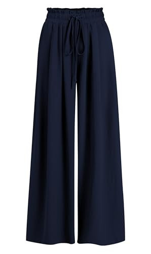 AmazingStar Womens Wide Leg Casual Pants with Pockets Loose Flowy High Waisted Lounge Trousers(Navy Blue, S) | Amazon (US)