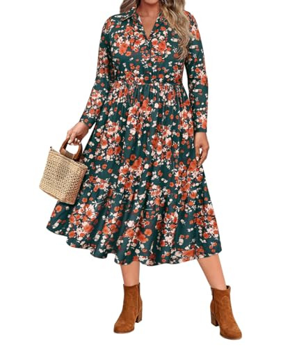 CARCOS Plus Size Dresses for Curvy Women Collared Vneck Long Sleeve Dresses Midi Fall Winter Dres... | Amazon (US)