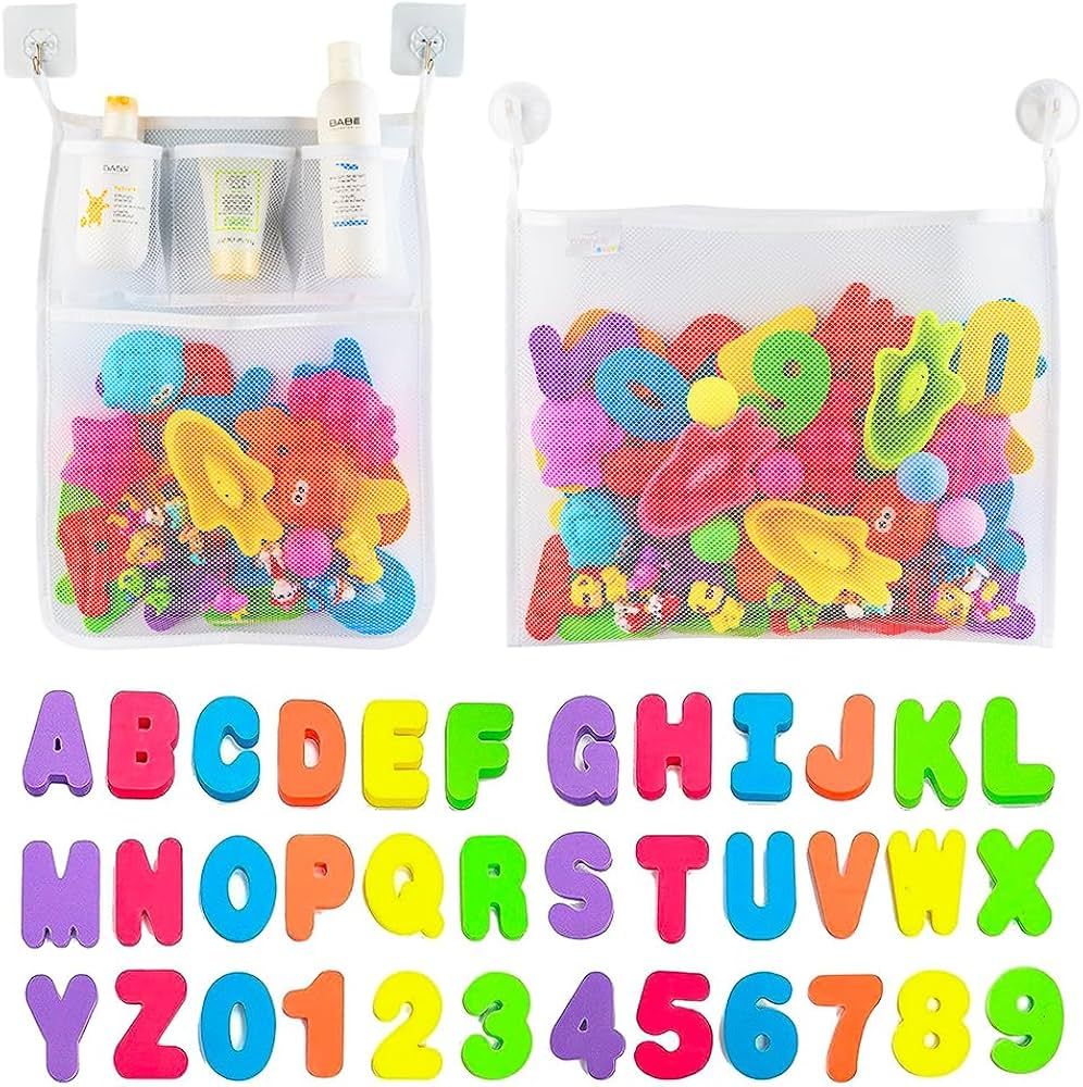 Comfylife 2 x Mesh Bath Toy Organizer + 6 Ultra Strong Hooks + 36 Bath Letters & Numbers – Eco-... | Amazon (US)