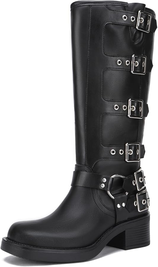 Athlefit Women's Knee High Riding Boots Fashion Buckle Square Toe Chunky Heel Wide Calf Biker Boo... | Amazon (US)
