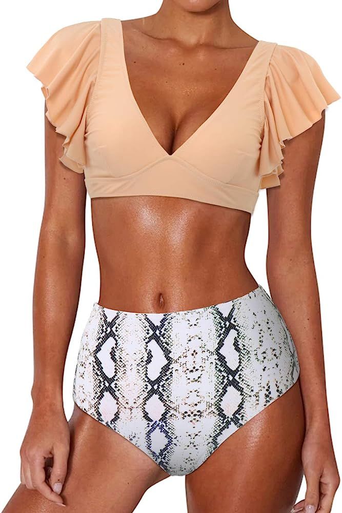 Women Ruffle High Waisted Bikini Leopard V Neck Push Up Two Piece Swimsuits | Amazon (US)