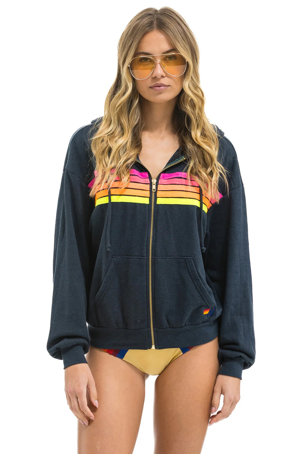 5 STRIPE RELAXED ZIP HOODIE - CHARCOAL // NEON | Aviator Nation